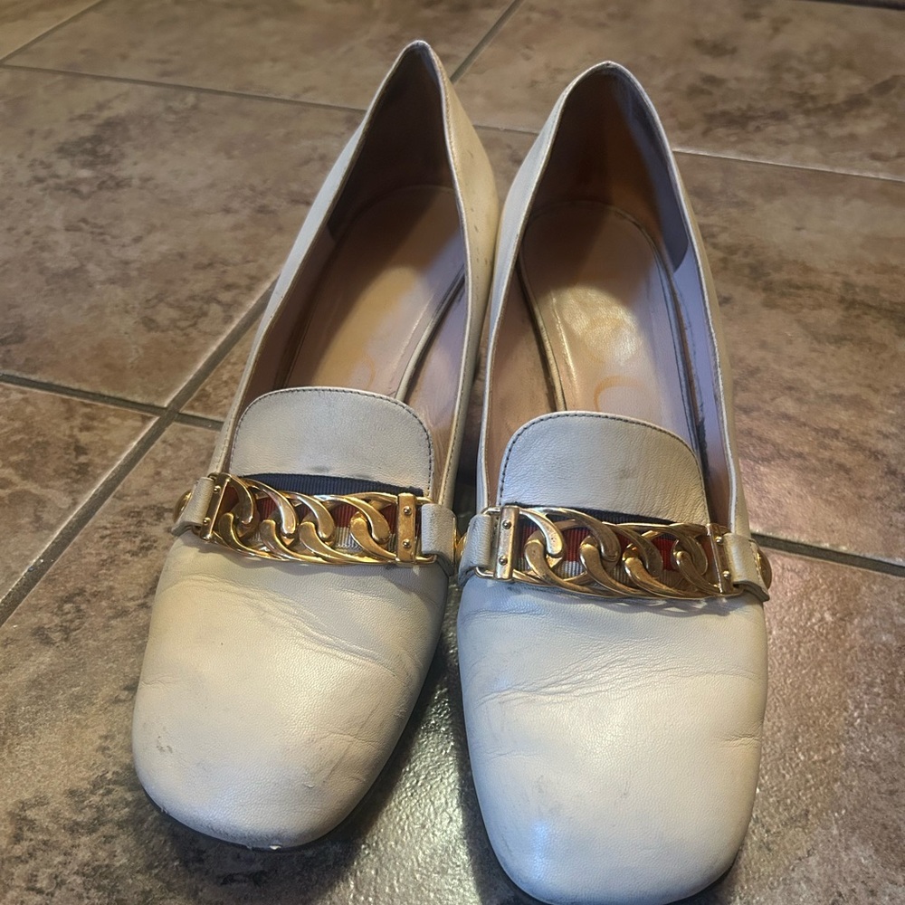 Gucci Sylvie Web Block Mid Heel Loafer Pump Off-White